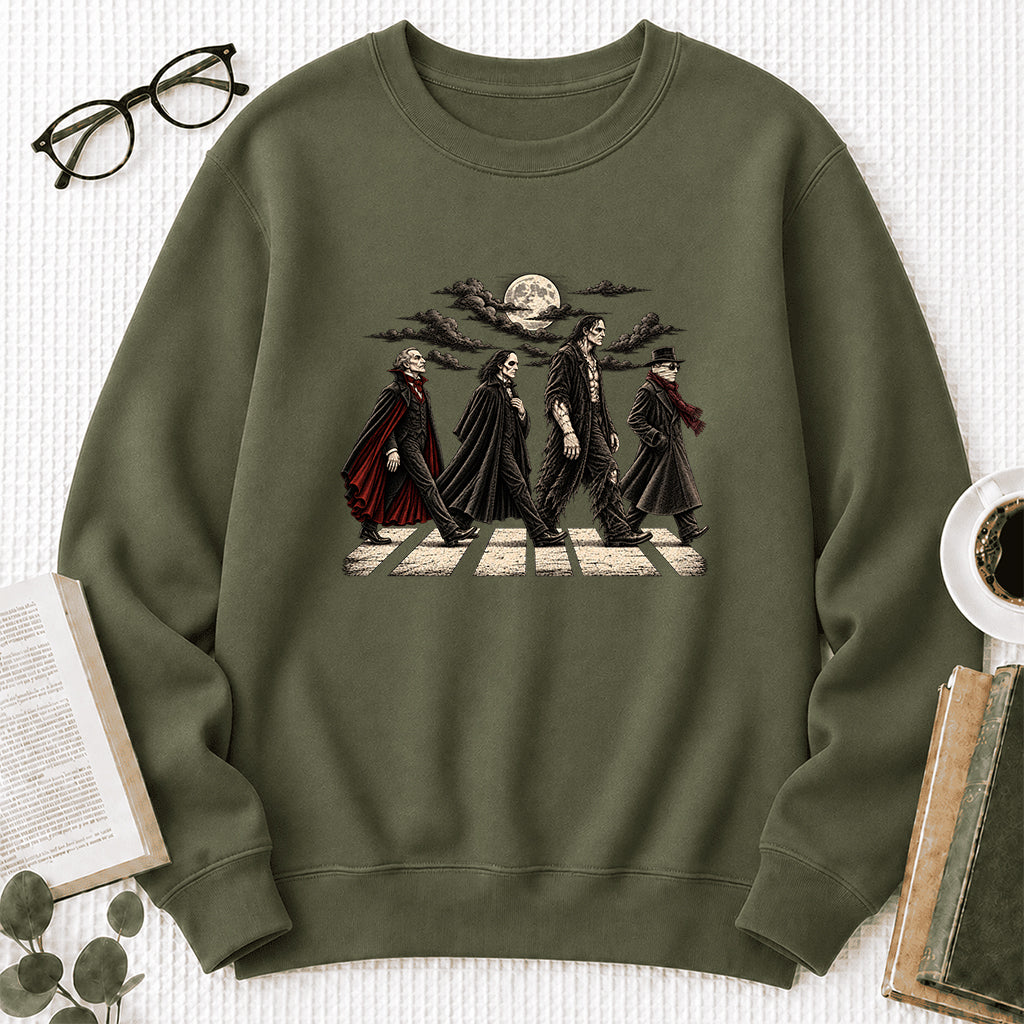 Monsters Road Printed Sweatshirt | Halloween Book Lover Gift Military Green