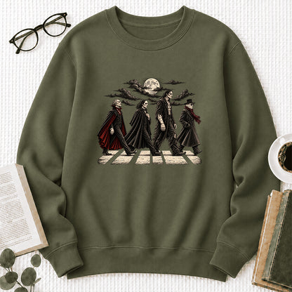 Monsters Road Printed Sweatshirt | Halloween Book Lover Gift Military Green