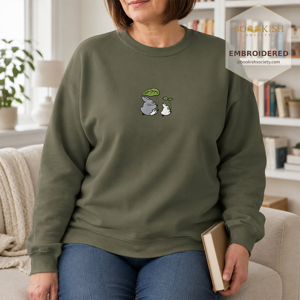 Forest Spirits and Flowers Embroidered Sweatshirt | Reader Gift Military Green