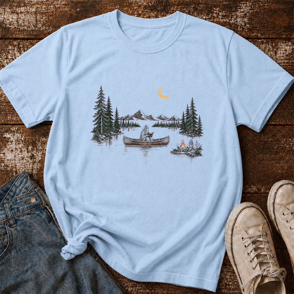 Reading Ghost On The Boat Printed T-Shirt | Spooky Book Lover Gift Light Blue