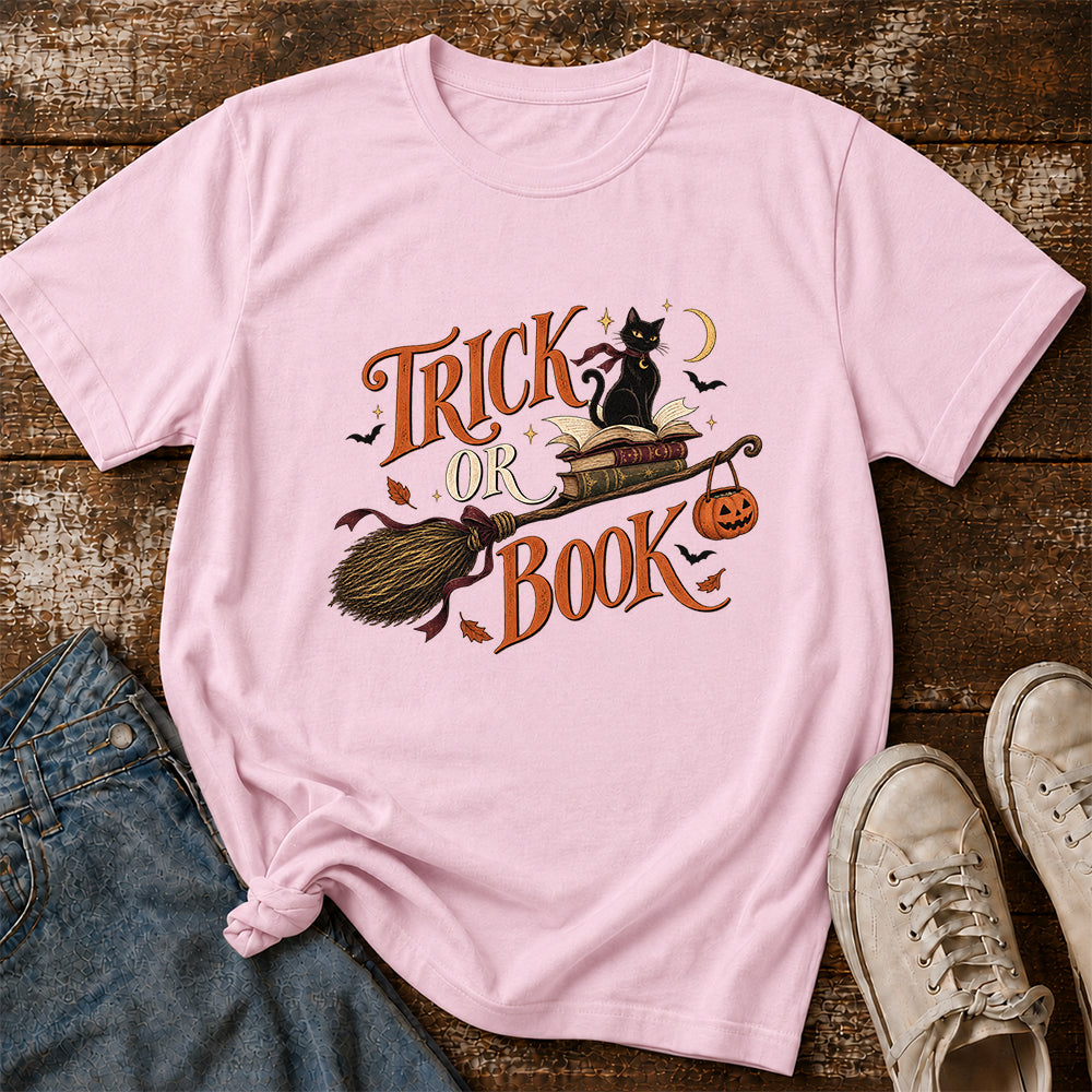 Trick Or Book Black Cat Printed T-Shirt | Halloween Book Lover Gift Light Pink
