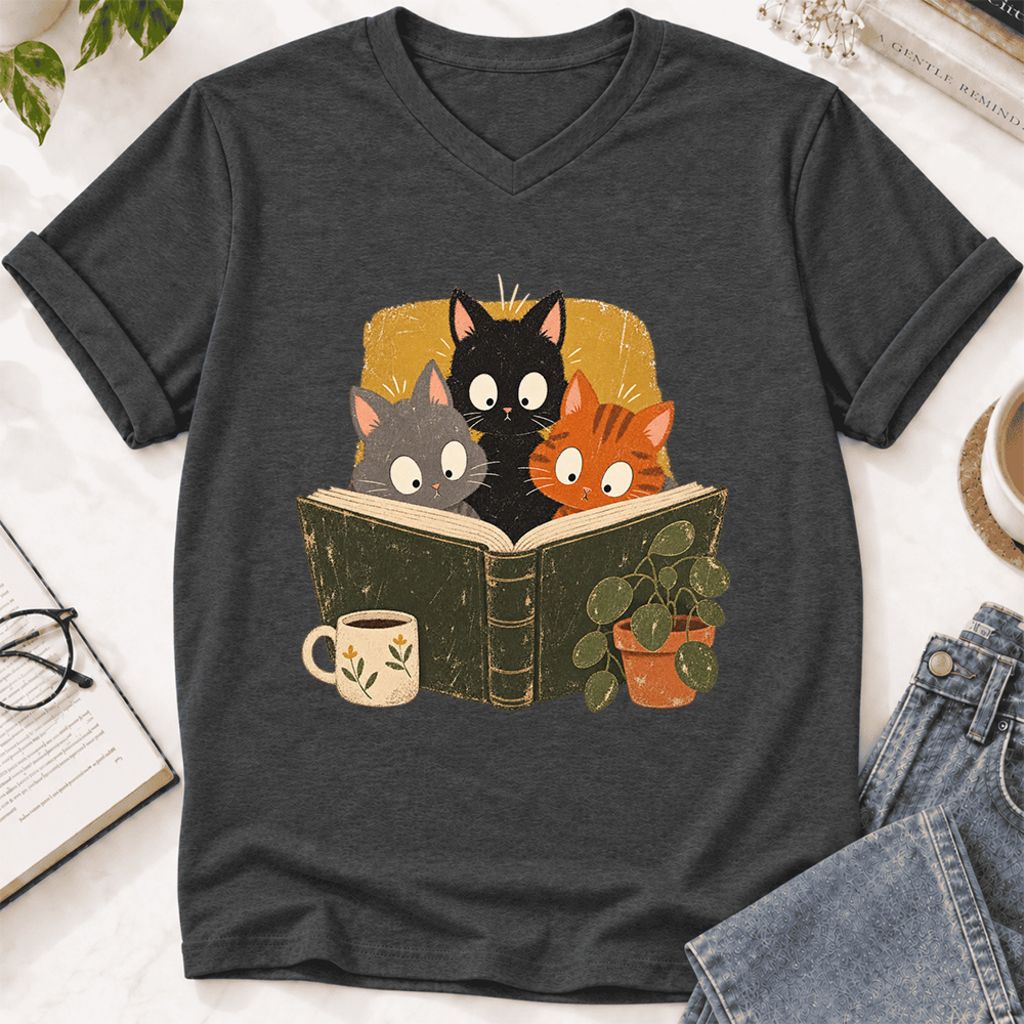 Curious Reading Cats Ultra-Soft V-Neck | Cat Lover Reader Gift Dark Grey Heather