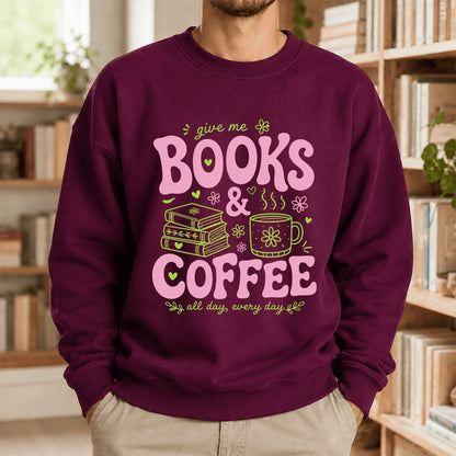 Books and Coffee Crewneck Sweatshirt | Reader Gift Maroon