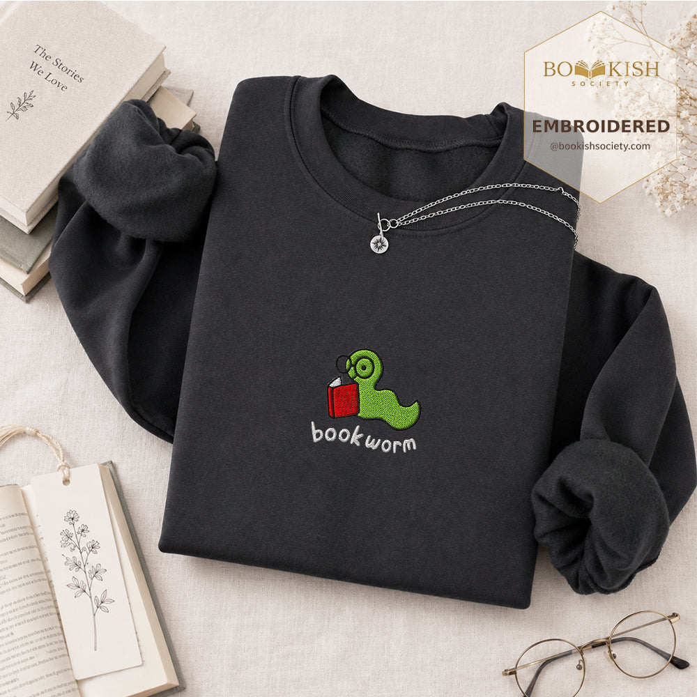 Bookworm Embroidered Sweatshirt | Reader Gift Dark Heather