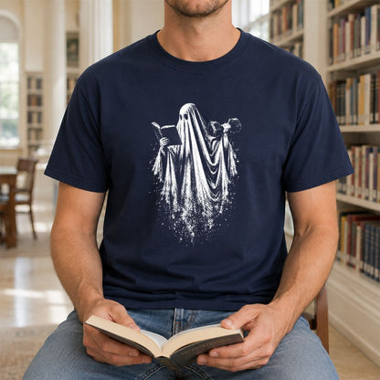 Reading Gym Ghost Printed T-Shirt | Halloween Book Lover Gift Navy