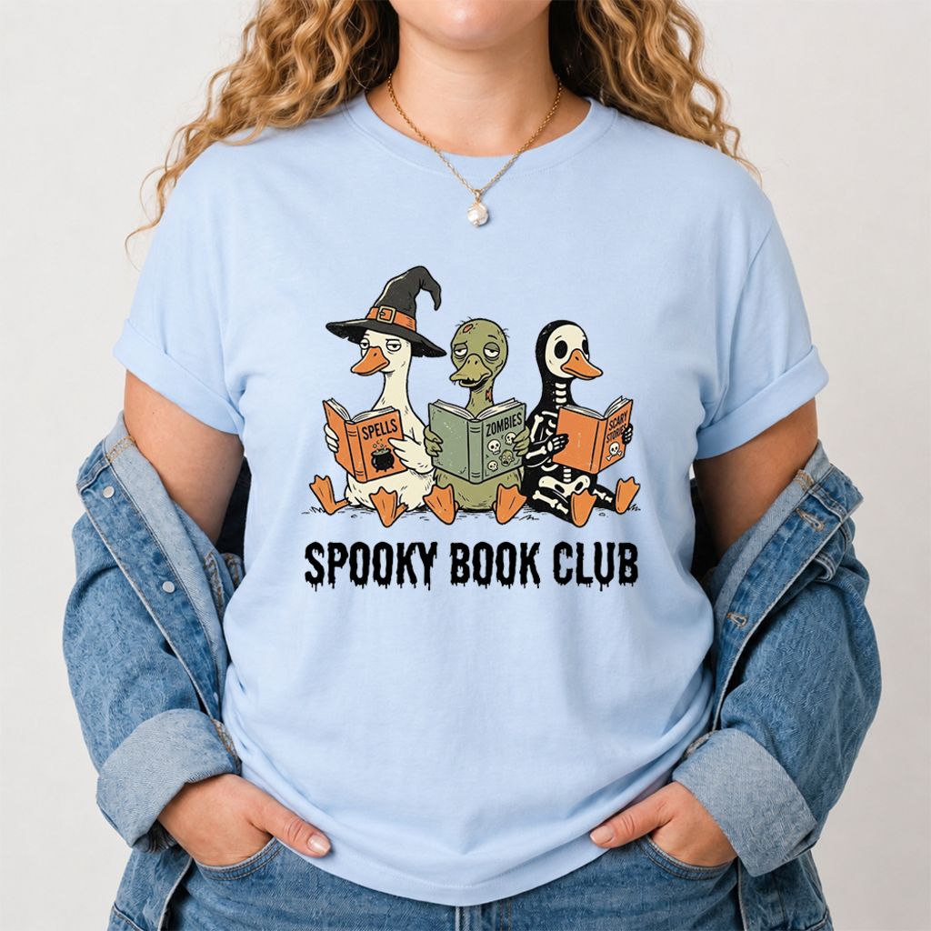 Spooky Book Club Printed T-Shirt | Halloween Book Lover Gift Light Blue