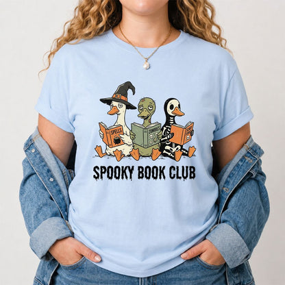 Spooky Book Club Printed T-Shirt | Halloween Book Lover Gift Light Blue