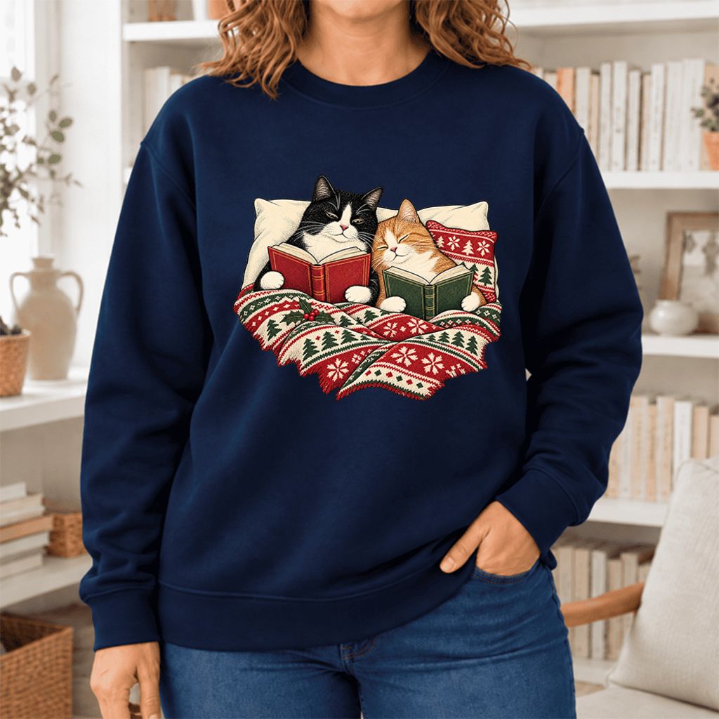 Christmas Reading Cat Couple Softstyle Sweatshirt | Cozy Christmas Gift Navy