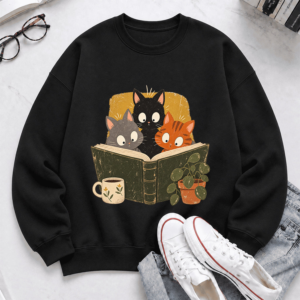 Minimal Japanese Cats Reading Crewneck Sweatshirt | Reader Gift Black
