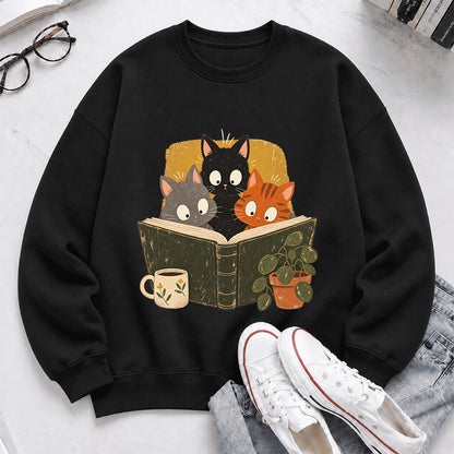 Minimal Japanese Cats Reading Crewneck Sweatshirt | Reader Gift Black