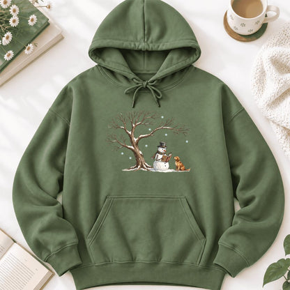 Golden Retriever And Snowman Under Tree Softstyle Hoodie | Christmas Reader Gift Military Green