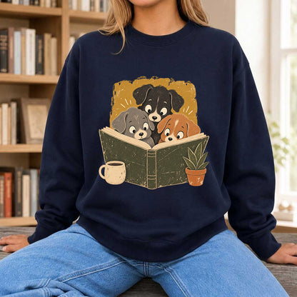 Minimal Japanese Dogs Reading Crewneck Sweatshirt | Reader Gift Navy