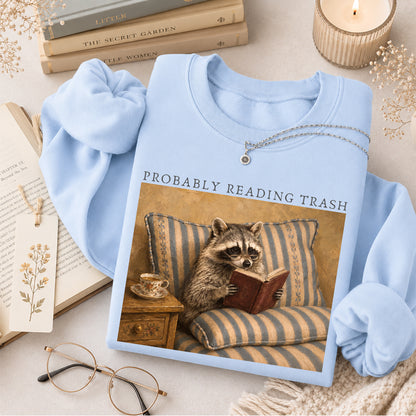 Probably Reading Trash Racoon Crewneck Sweatshirt | Reader Gift Light Blue
