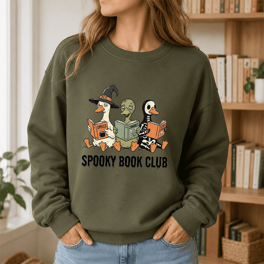 Spooky Book Club Printed Sweatshirt | Halloween Book Lover Gift Military Green