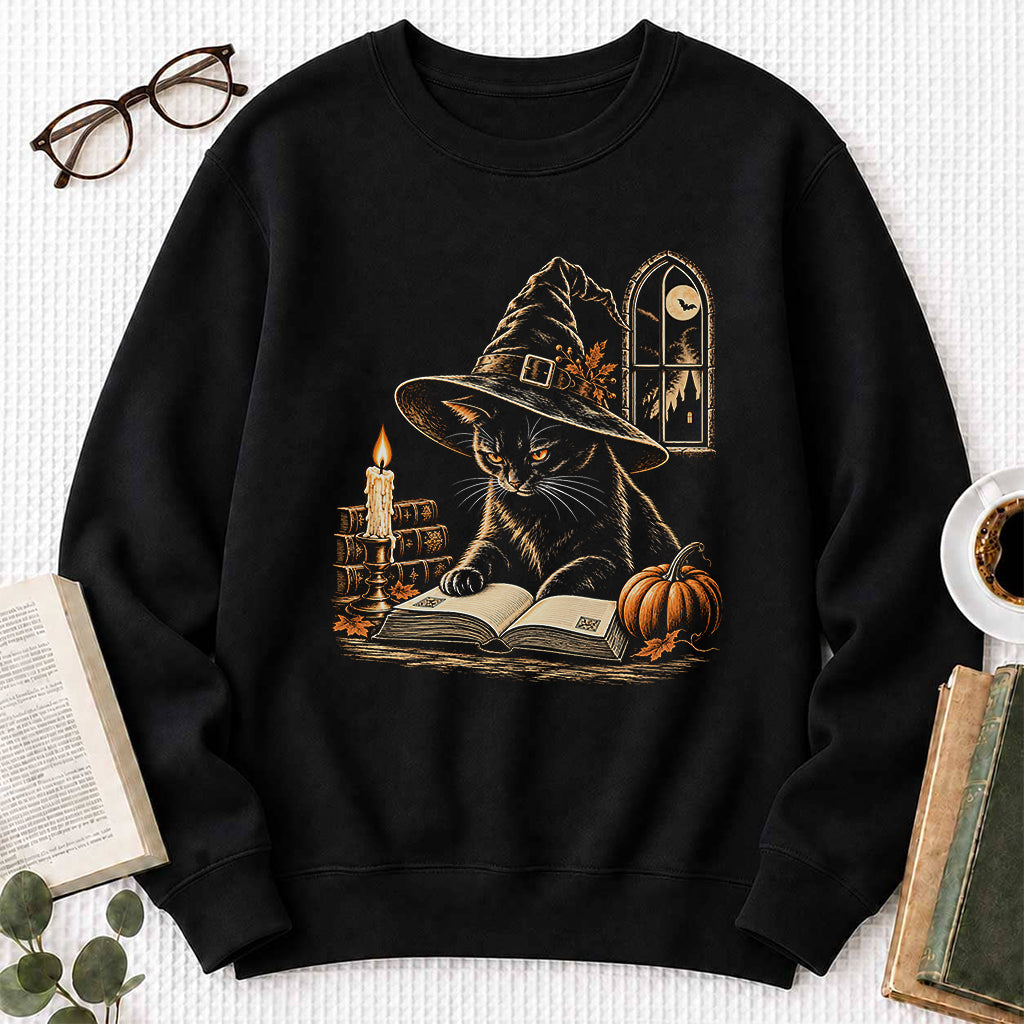 Reading Black Cat Witch Printed Sweatshirt | Halloween Book Lover Gift Black
