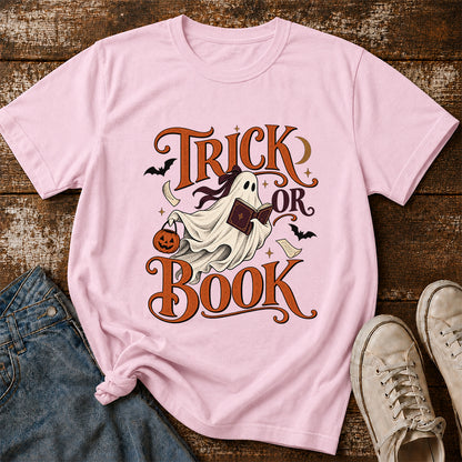 Trick Or Book Ghost Printed T-Shirt | Halloween Book Lover Gift Light Pink