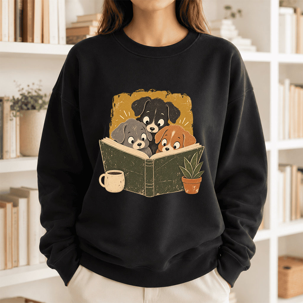 Minimal Japanese Dogs Reading Crewneck Sweatshirt | Reader Gift Black