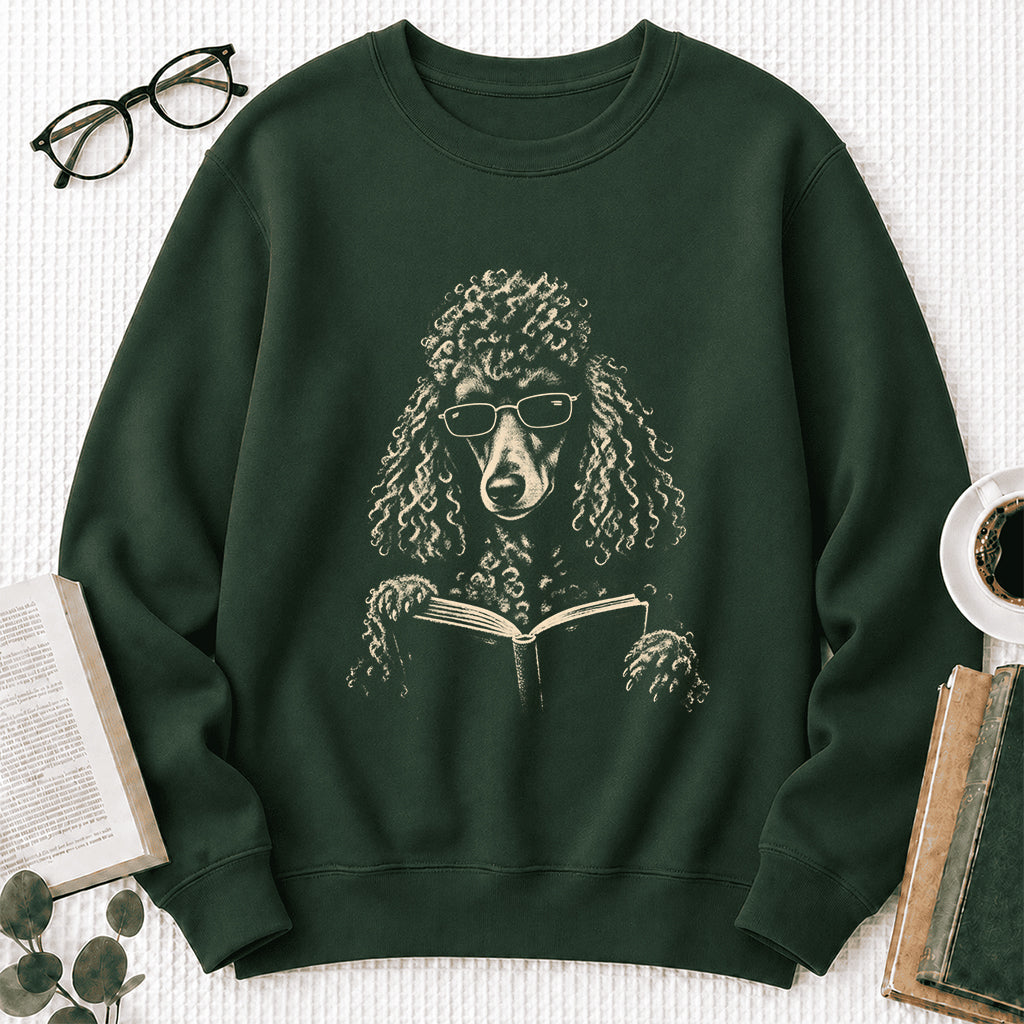Poodle Reading Book Crewneck Sweatshirt | Reader Gift Forest Green