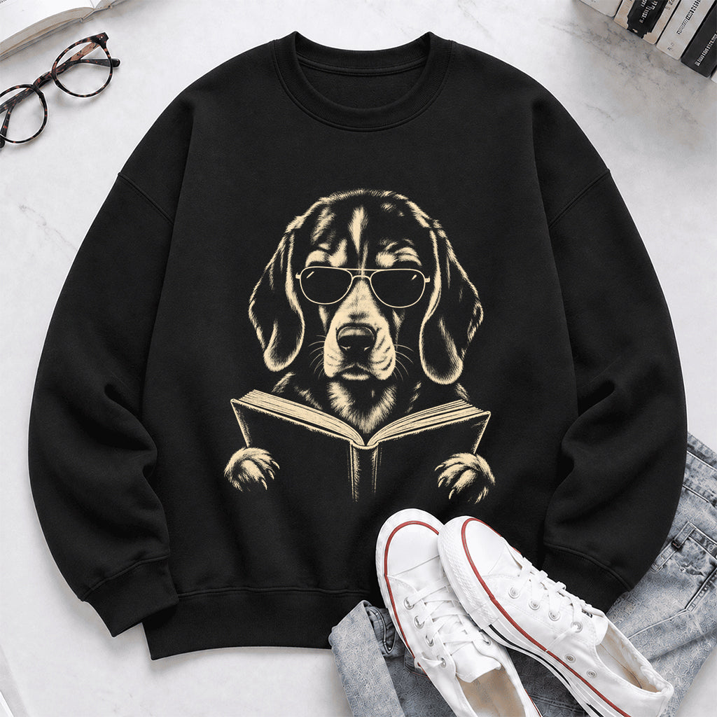 Beagle Reading Book Crewneck Sweatshirt | Reader Gift Black