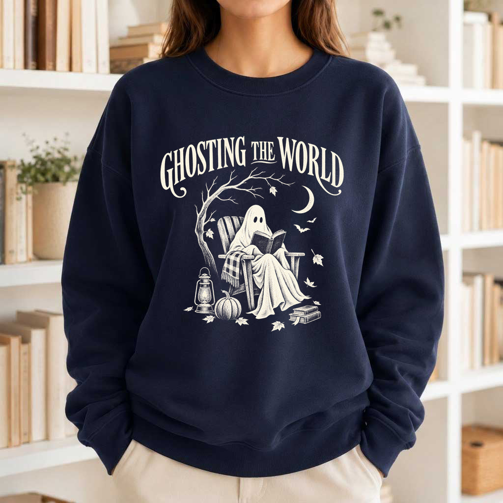 Ghosting The World Crewneck Sweatshirt | Halloween Reader Gift Navy
