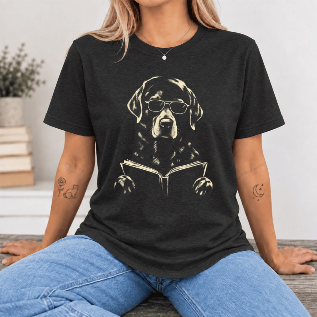 Labrador Retriever Reading Book Ultra-Soft Cotton T-Shirt | Dog Mom Reader Gift Black Heather