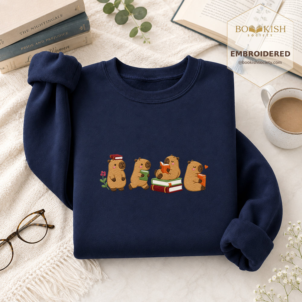 Reading Capybaras Embroidered Sweatshirt | Reader Gift Navy