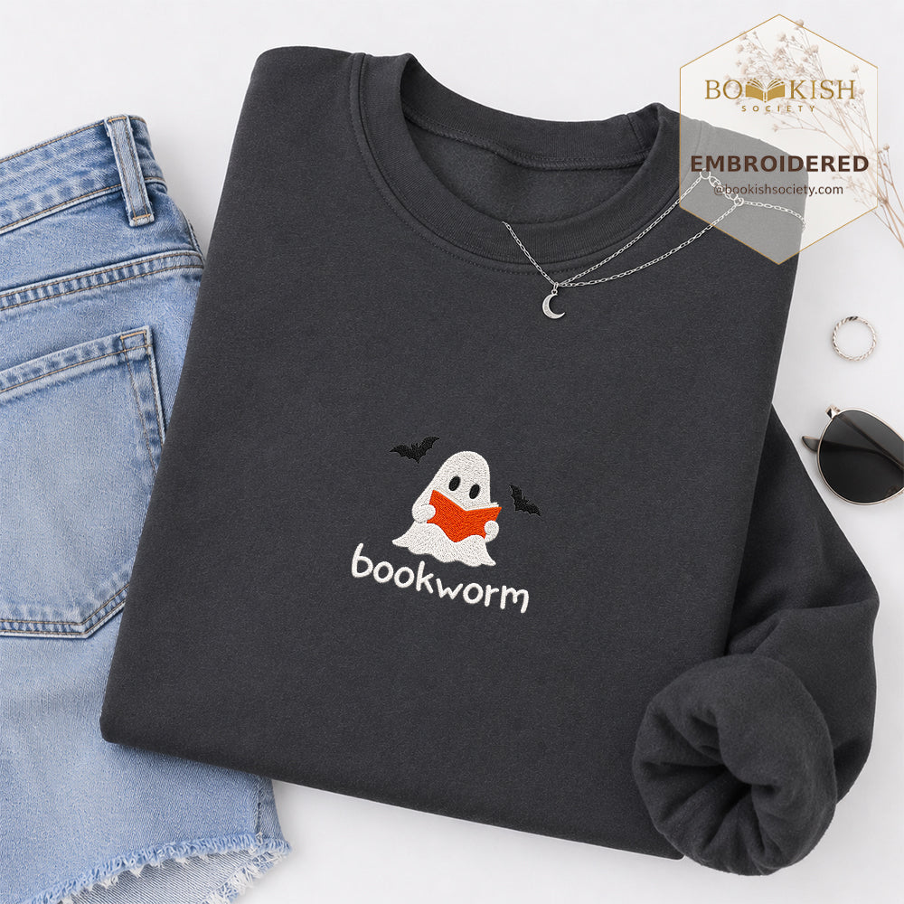 Bookworm Embroidered Sweatshirt | Halloween Book Lover Gift Dark Heather