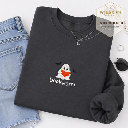 Bookworm Embroidered Sweatshirt | Halloween Book Lover Gift Dark Heather