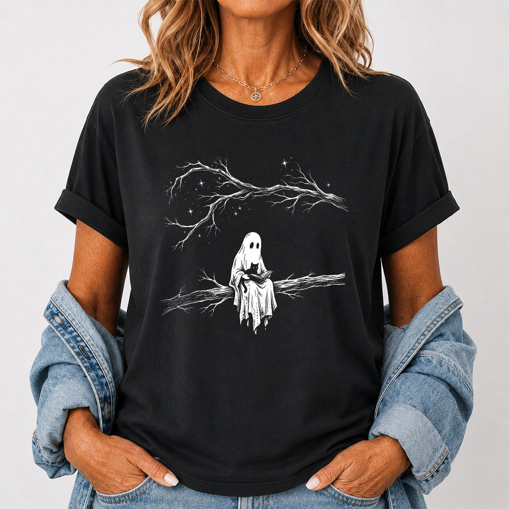 Reading Ghost With Black Cat Printed T-Shirt | Halloween Cat Lover Reader Gift Black