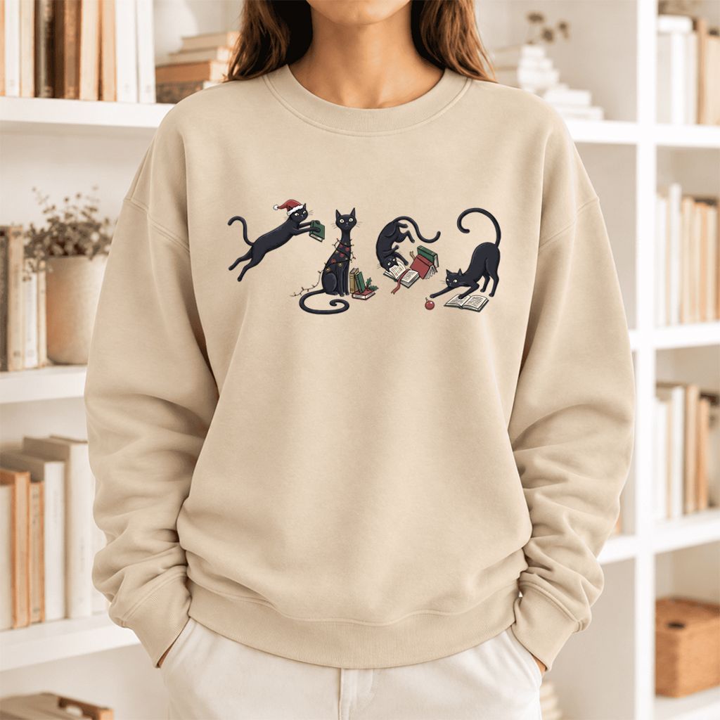 Christmas Reading Cats Softstyle Sweatshirt | Christmas Book Lover Gift Sand