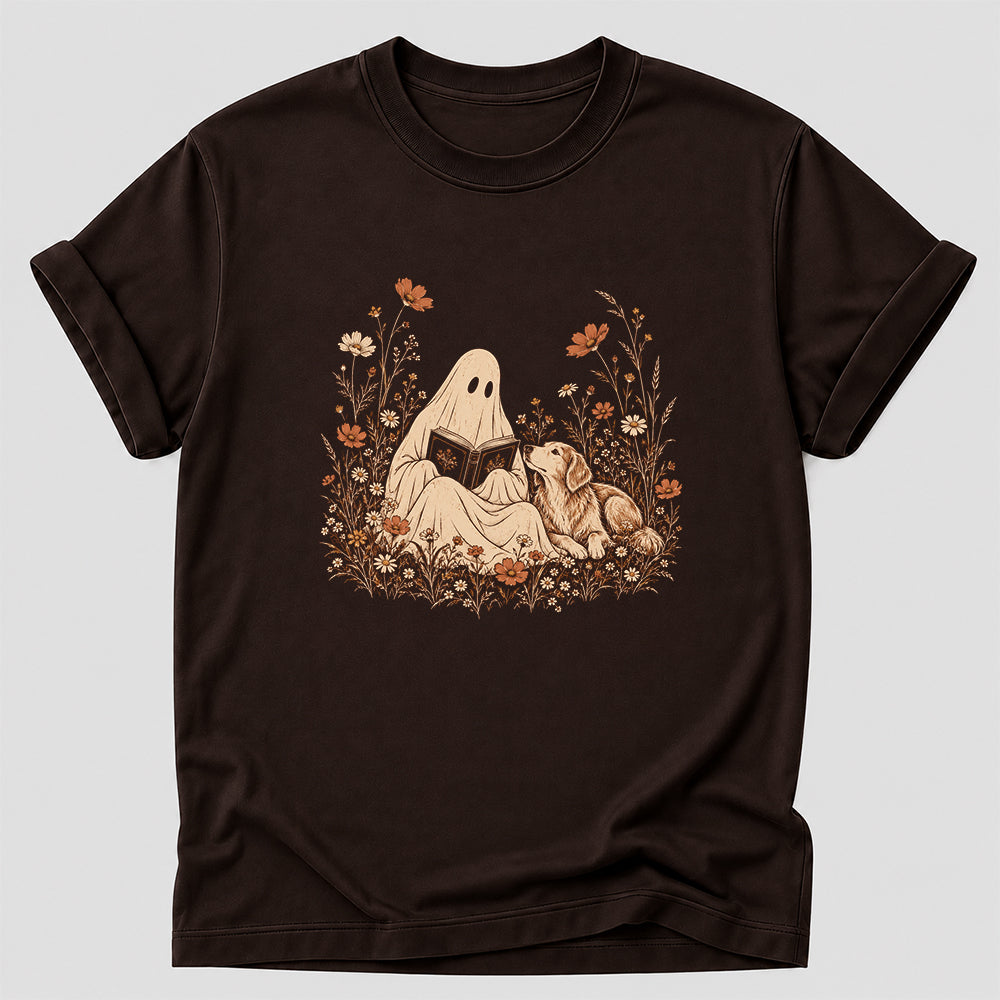 Ghost Wildflowers With Book And Golden Retriever Printed T-Shirt | Halloween Dog Lover Gift Dark Chocolate