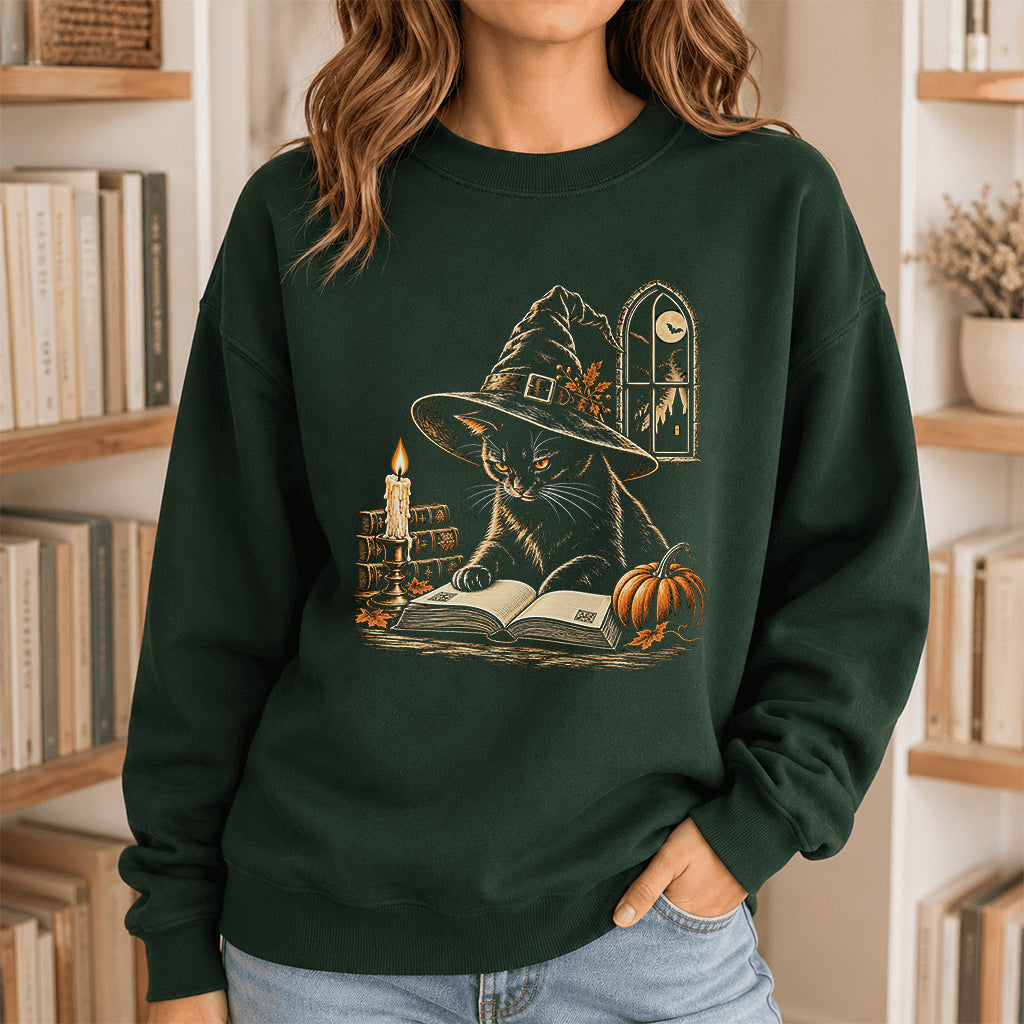Reading Black Cat Witch Printed Sweatshirt | Halloween Book Lover Gift Forest Green