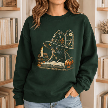 Reading Black Cat Witch Printed Sweatshirt | Halloween Book Lover Gift Forest Green