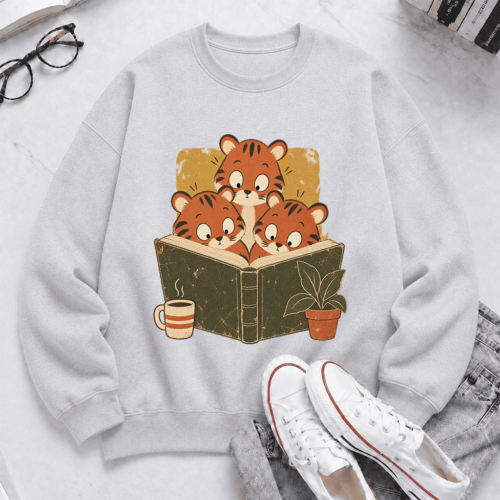 Minimal Japanese Tigers Reading Crewneck Sweatshirt | Reader Gift Sport Grey
