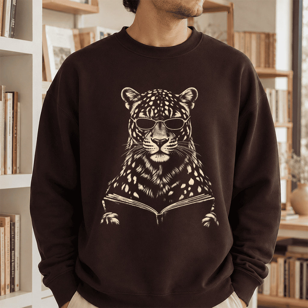 Leopard Reading Book Crewneck Sweatshirt | Reader Gift Dark Chocolate