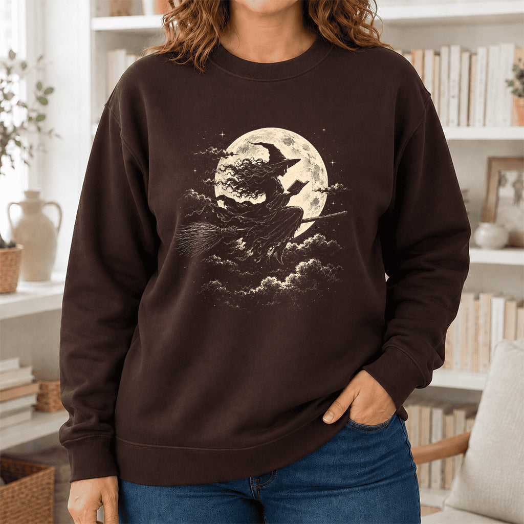Reading Witch On The Flying Broom Printed Sweatshirt | Halloween Reader Gift Dark Chocolate