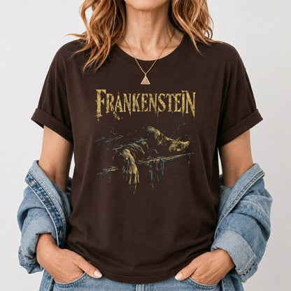 Frankenstein Printed T-Shirt | Halloween Book Lover Gift Dark Chocolate