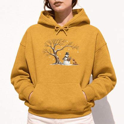 Golden Retriever And Snowman Under Tree Softstyle Hoodie | Christmas Reader Gift Mustard
