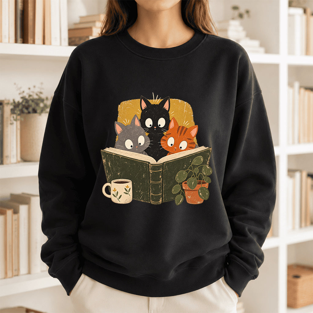 Minimal Japanese Cats Reading Crewneck Sweatshirt | Reader Gift Black