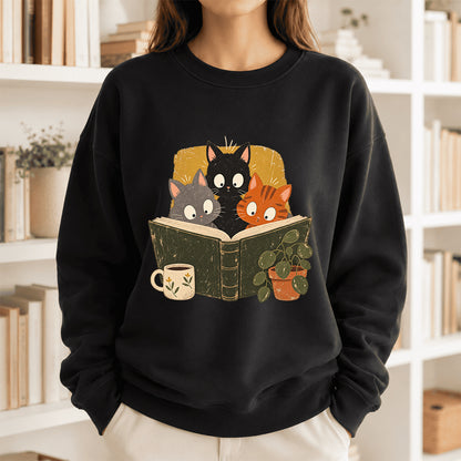 Minimal Japanese Cats Reading Crewneck Sweatshirt | Reader Gift Black