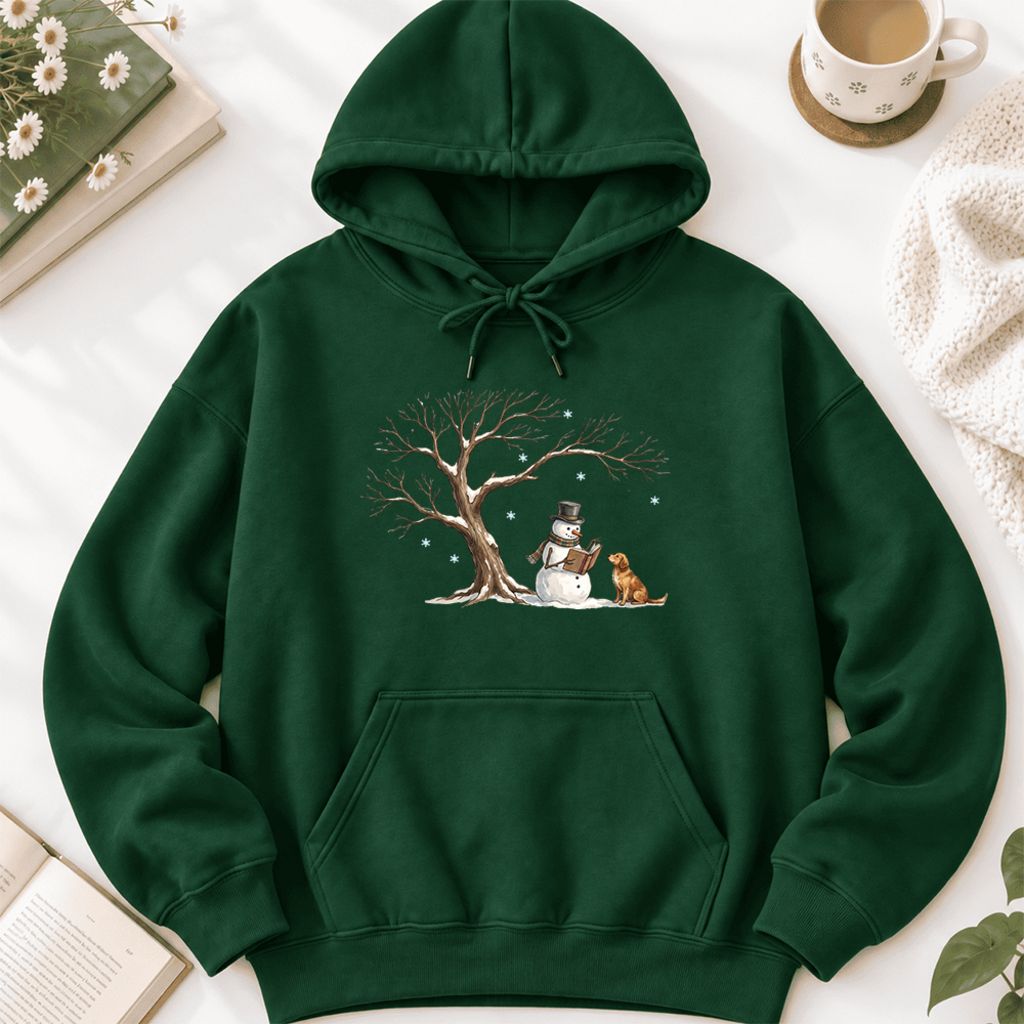 Golden Retriever And Snowman Under Tree Softstyle Hoodie | Christmas Reader Gift Forest Green