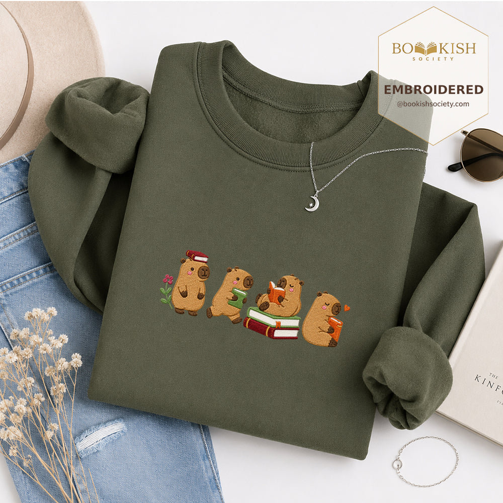Reading Capybaras Embroidered Sweatshirt | Reader Gift Military Green