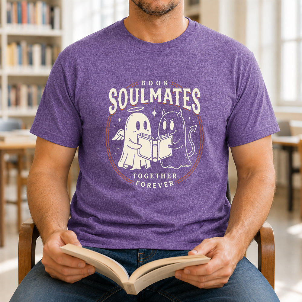 Book Soulmates Together Forever Printed T-Shirt | Halloween Book Lover Gift Heather Purple