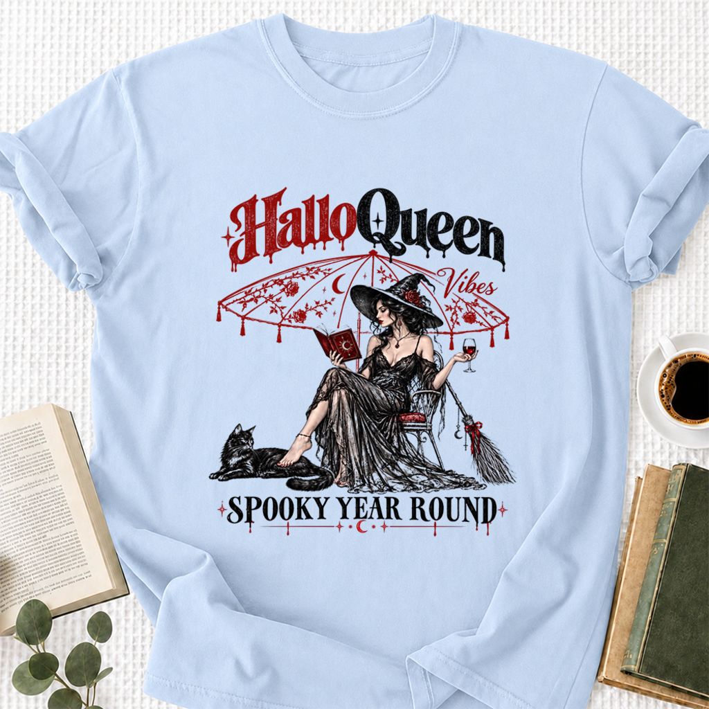 Halloqueen Spooky Year Round Printed T-Shirt | Halloween Book Lover Gift Light Blue