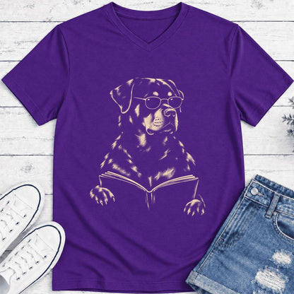 Rottweiler Reading Book Ultra-Soft V-Neck | Dog Mom Reader Gift Team Purple