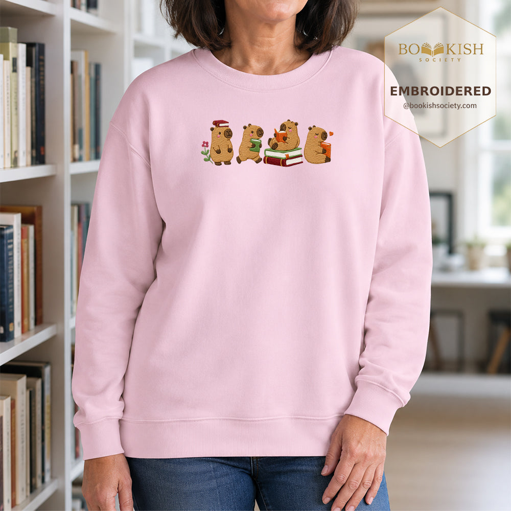 Reading Capybaras Embroidered Sweatshirt | Reader Gift Light Pink
