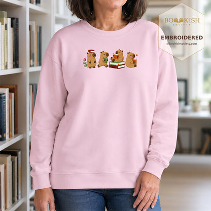 Reading Capybaras Embroidered Sweatshirt | Reader Gift Light Pink
