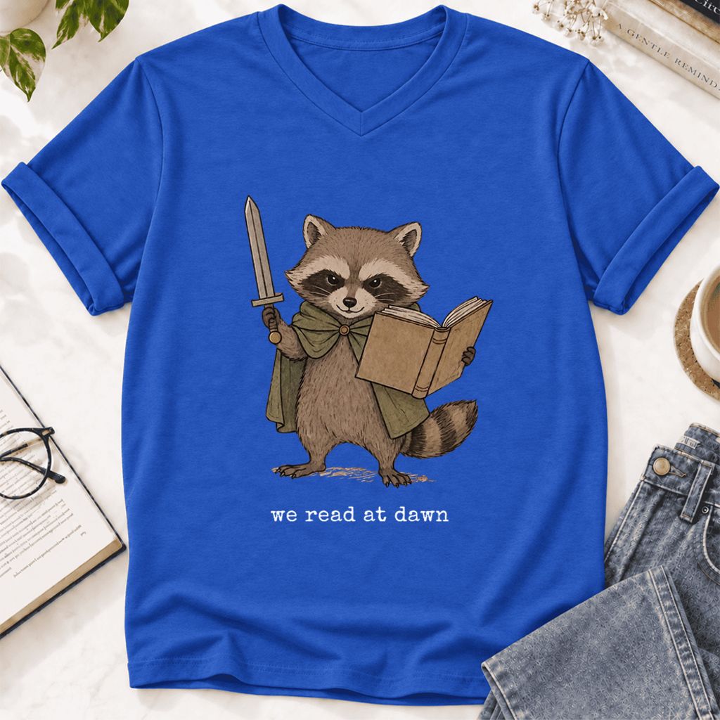 We Read At Dawn Funny Racoon Ultra-Soft V-Neck | Cozy Book Lover Gift True Royal