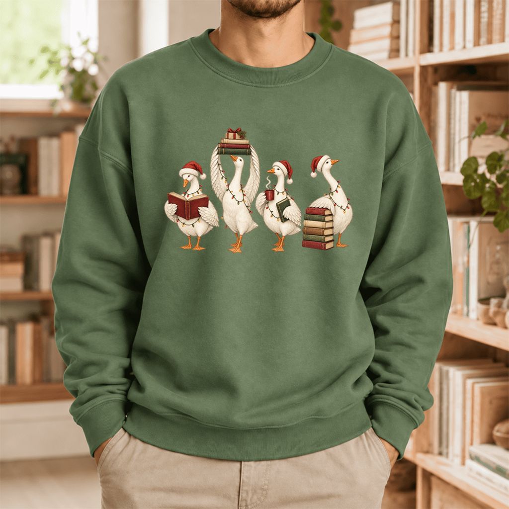 Christmas Reading Ducks Softstyle Sweatshirt | Christmas Book Lover Gift Military Green