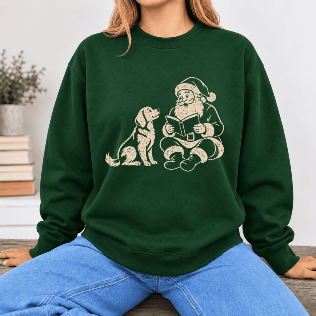 Funny Dog With Reading Santa Softstyle Sweatshirt | Christmas Book Lover Gift Forest Green